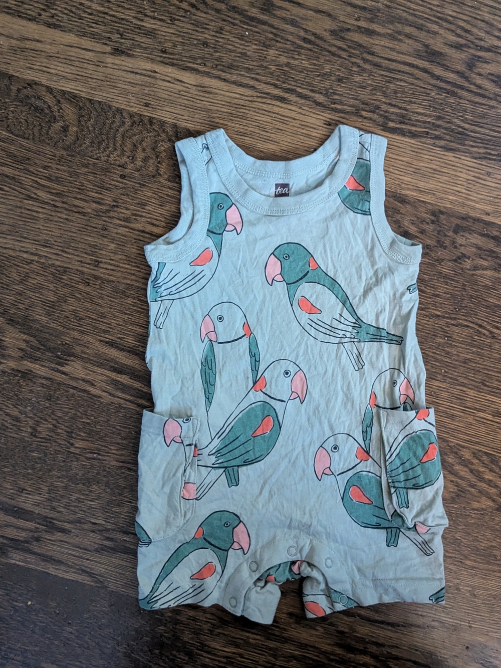 Tea Collection Cargo Pocket Tank Romper Parakeets Parrots Desert Sage 12-18M